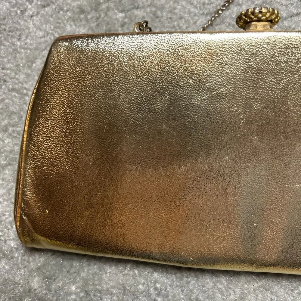 Vintage Gold Metallic Clutch Purse Evening Bag Chain Strap Satin Lined 50’s 60’s - Picture 5 of 16